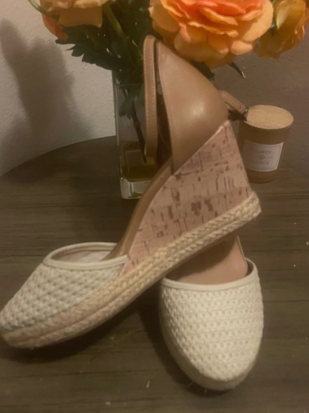 Maurices Cream Woven Espadrille Ankle-Strap Flats with Tan Straps